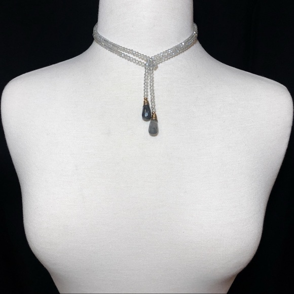 Light Grey Glass Stone Beaded Wrap Tie Necklace - Picture 2 of 7